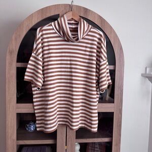 Lands' End Supima Cotton Striped Cowl Neck Top Women’s L Brown White NWT